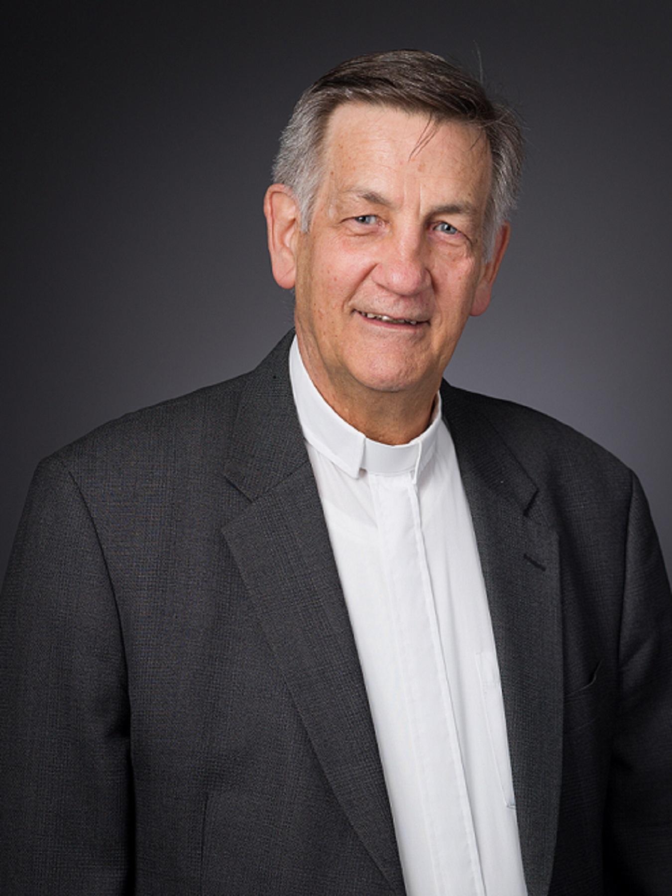 Headshot of Fr. Kevin Flaherty in clerics in front of a gray background